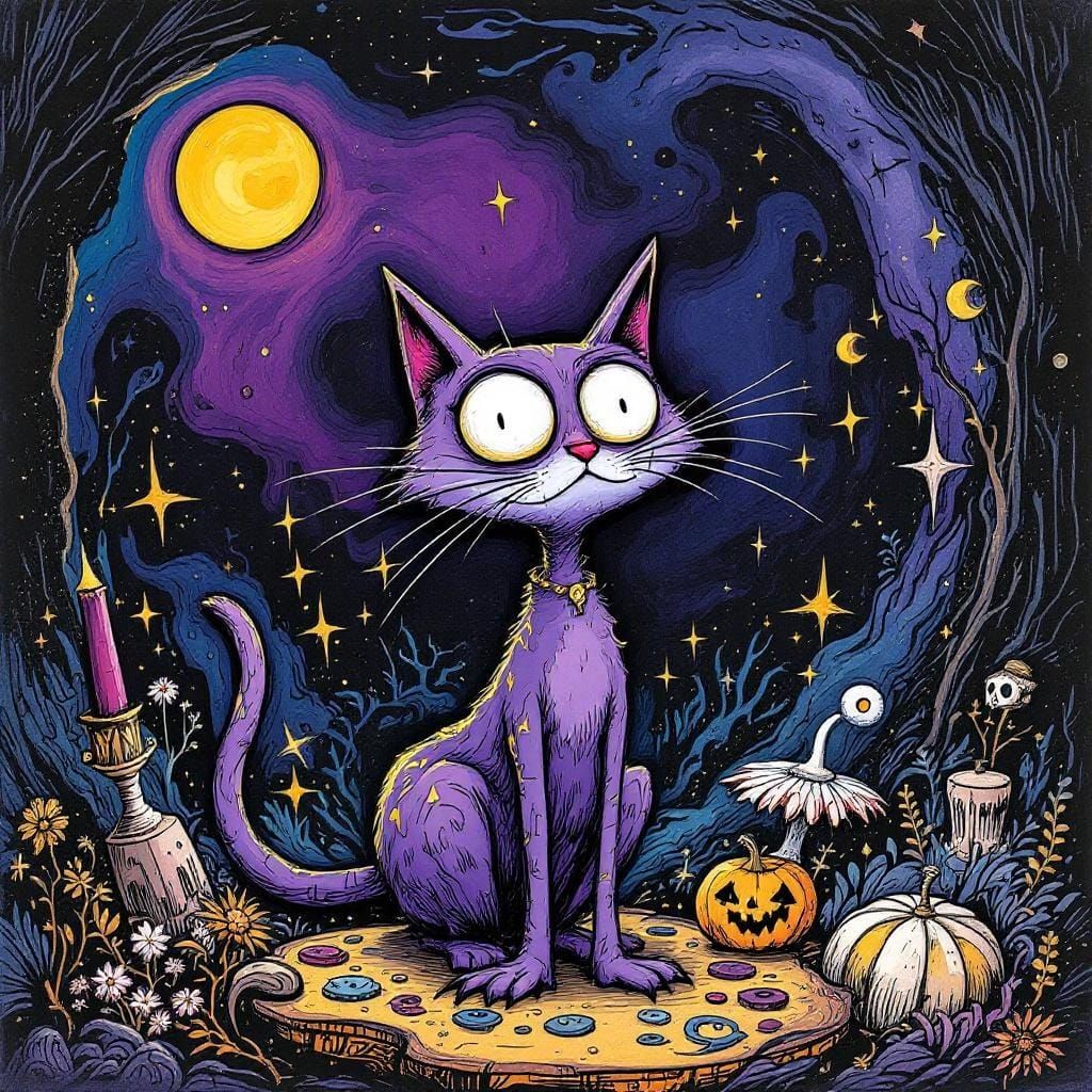 Mischievous Cat in Mystical Setting: Quentin Blake Style