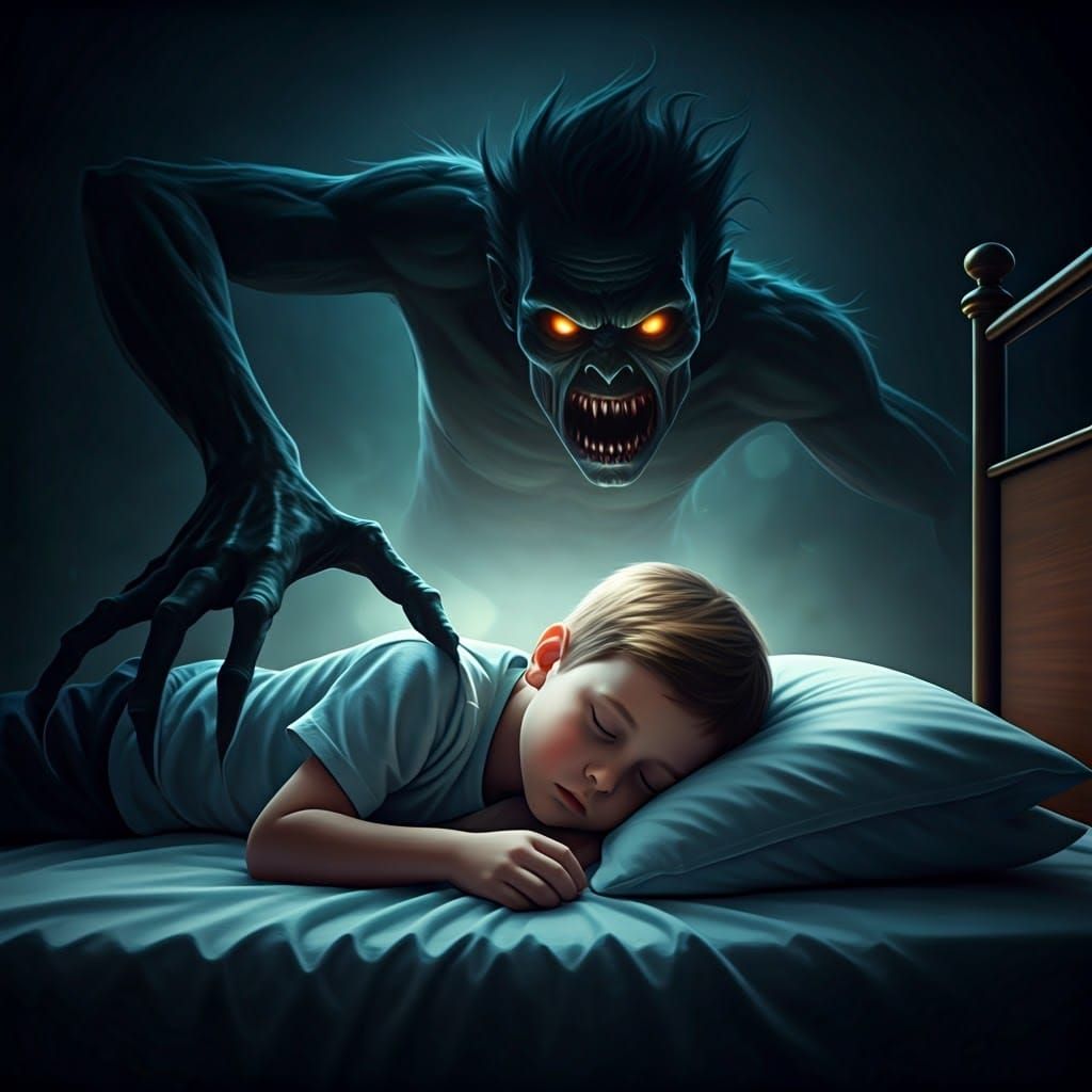 Evil Nightmare Monster Over Child's Bed