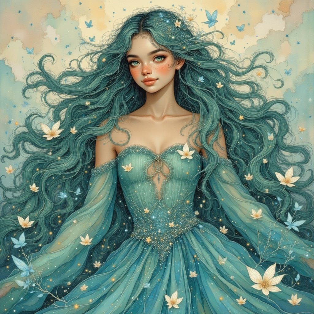 Ethereal Woman with Teal, Aqua, Silver Hair