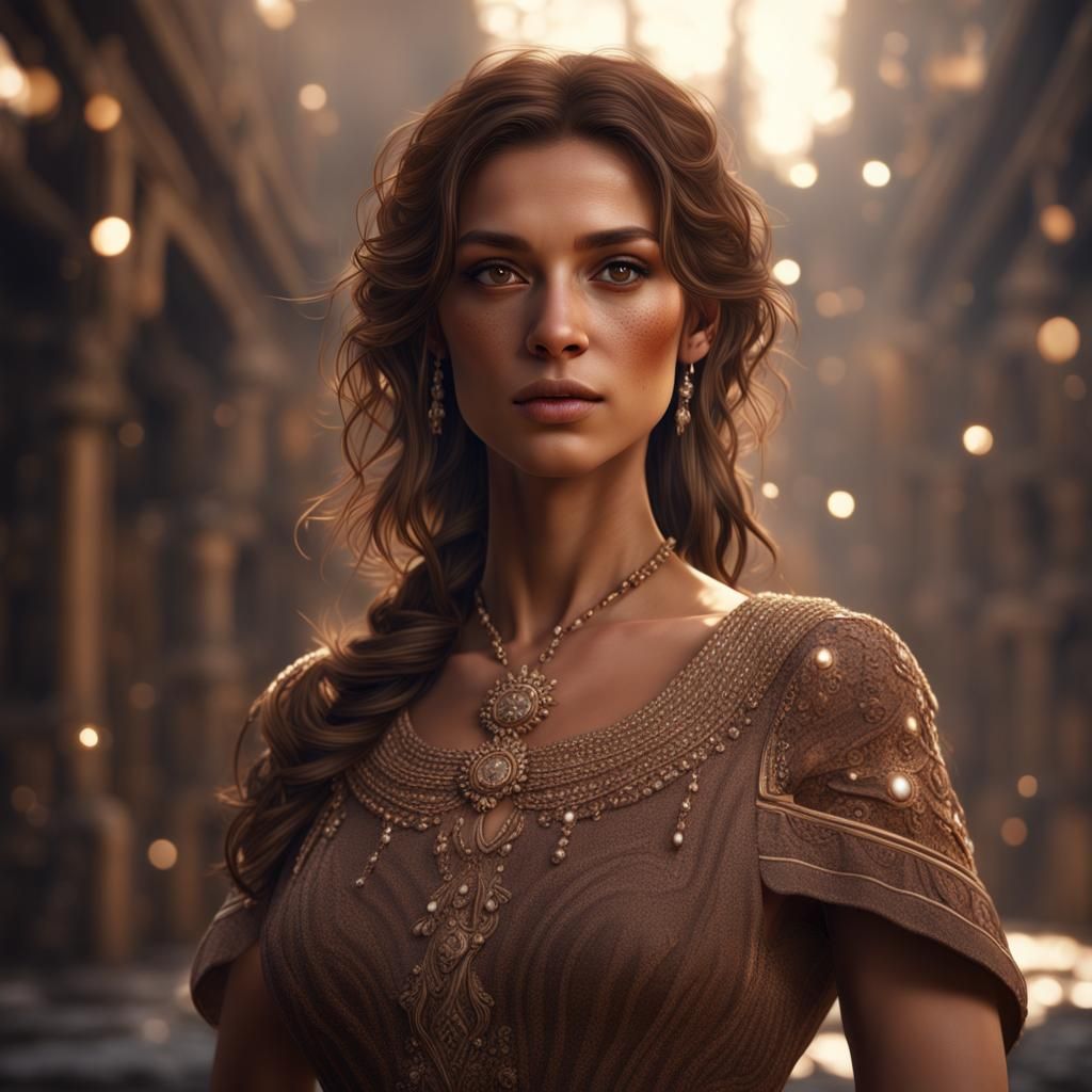 Woman in Brown Dress: Detailed Matte Painting