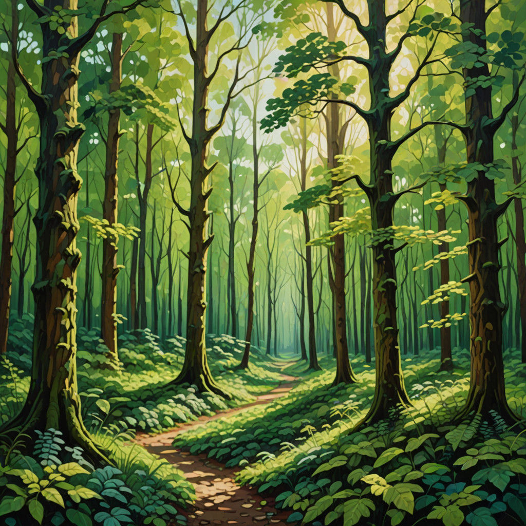 Vibrant Oil Painting of a Lush Forest Landscape in Impasto T...