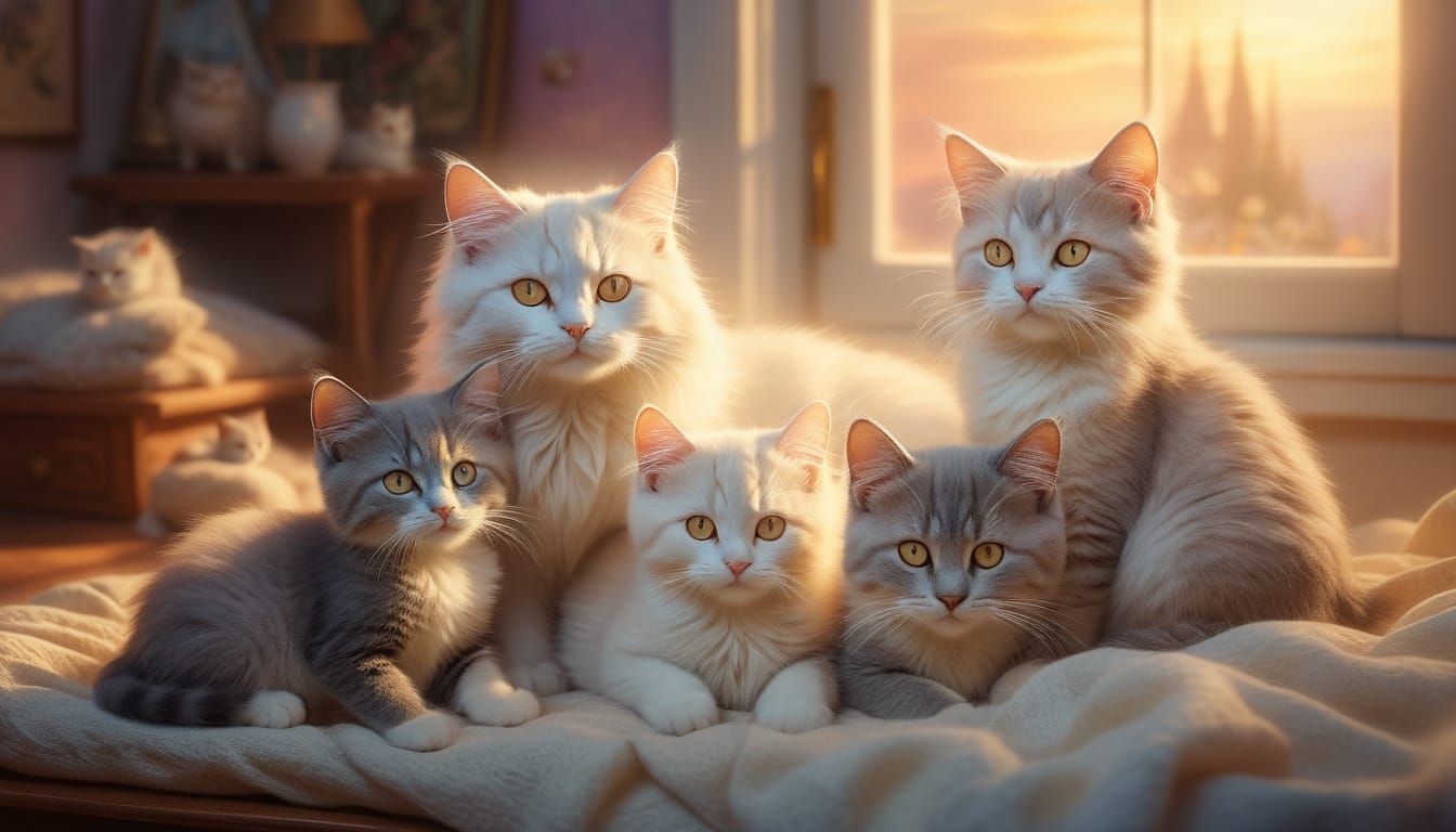 Birman Cat and Kittens in Ethereal Pastel Setting