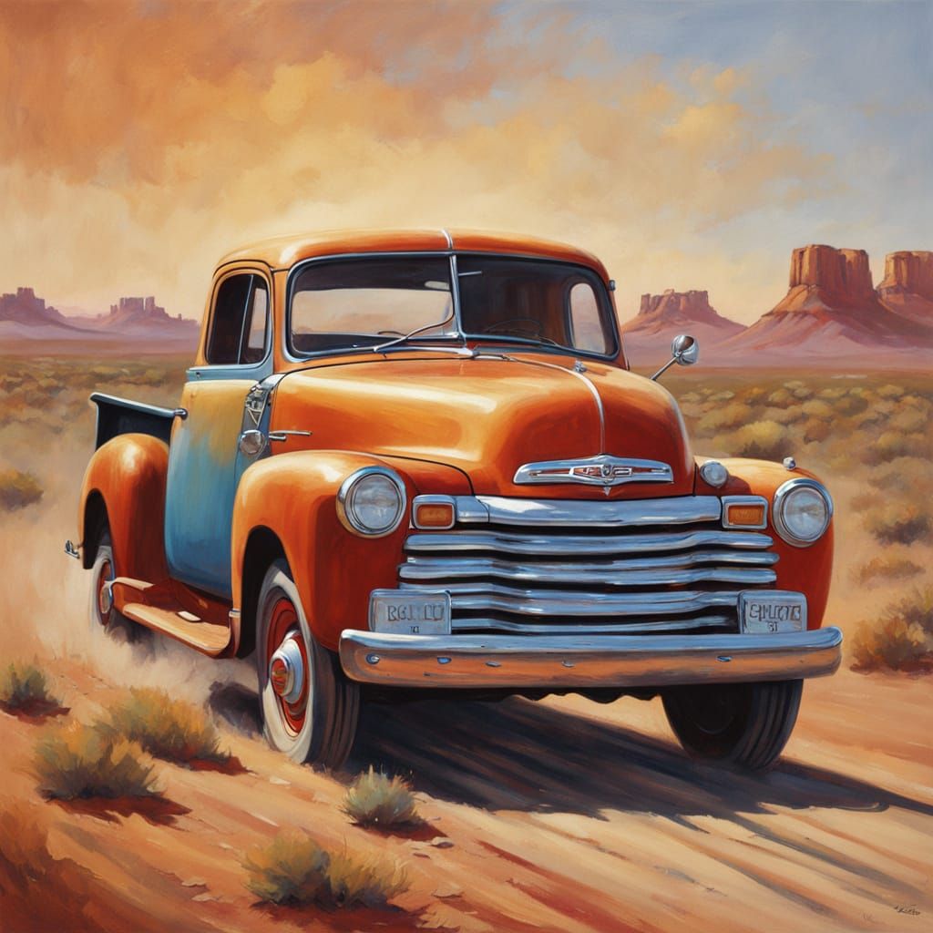 Classic Chevrolet Pickup Speeds Through Desert Sunset