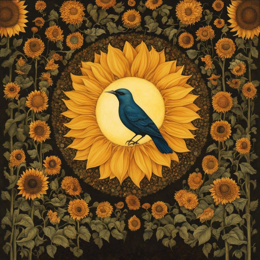 Sunflower and Bird at Sunset, Digital Illustration