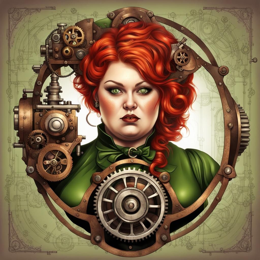 Steampunk Woman with Red Hair and Green Eyes