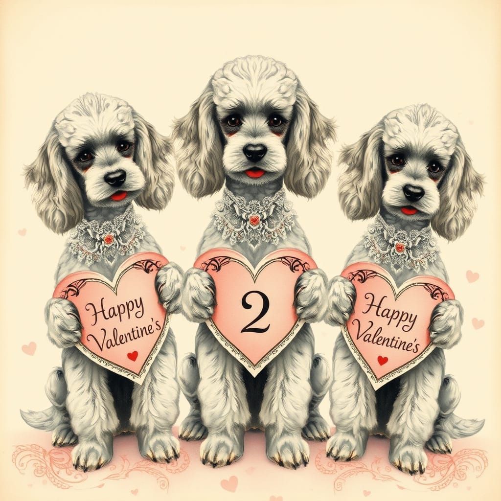 Victorian Poodles Holding Heart-Shaped Valentine's Cards in ...