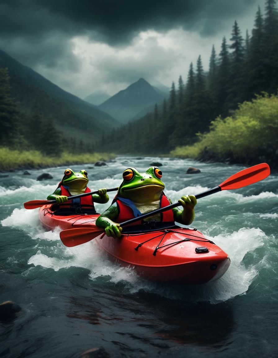 Frogs Kayaking on Stormy River, Hyperdetailed Digital Art