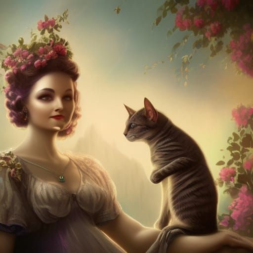 Vintage Lady and Cat: Detailed Matte Painting