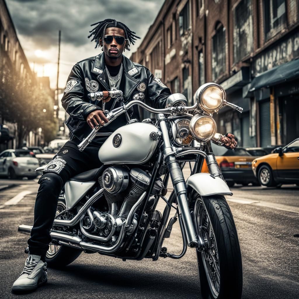 Rapper with Motorcycle Gang: Hyperrealistic Image