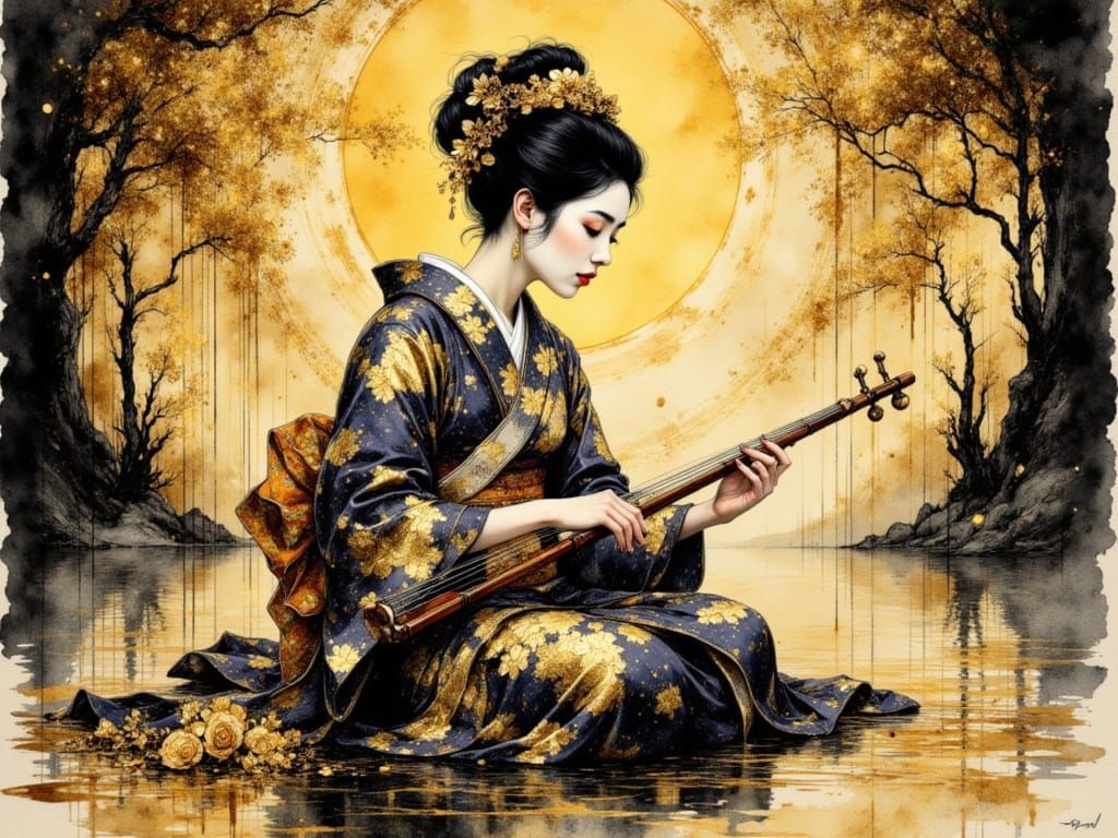 A geisha playing a biwa