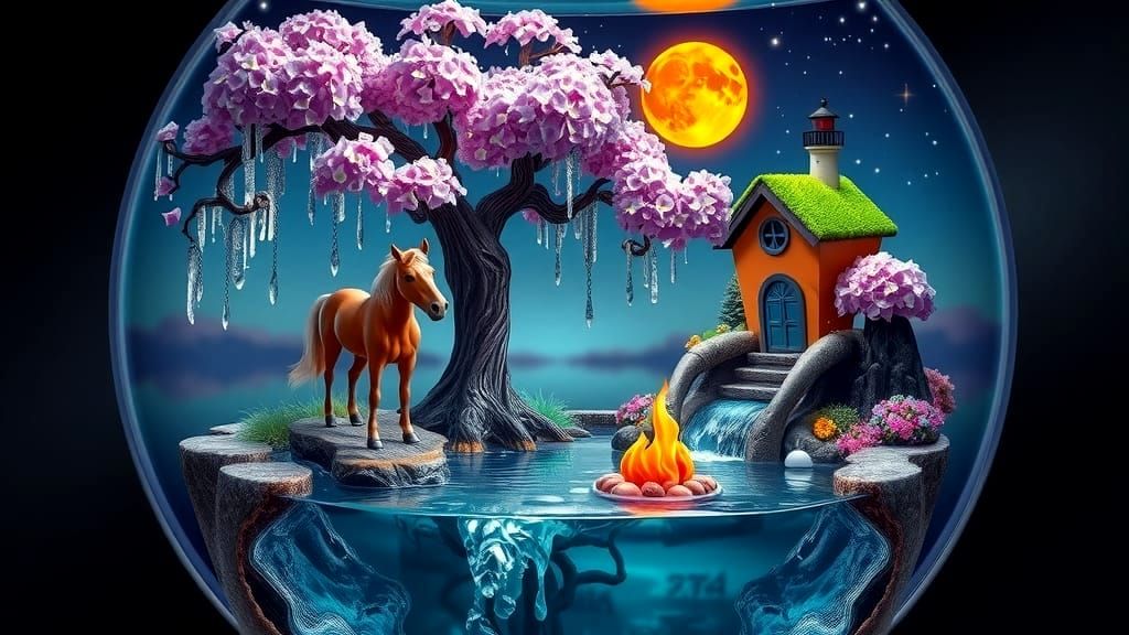 Whimsical Landscape with Tiny Horse in Emerald Oasis