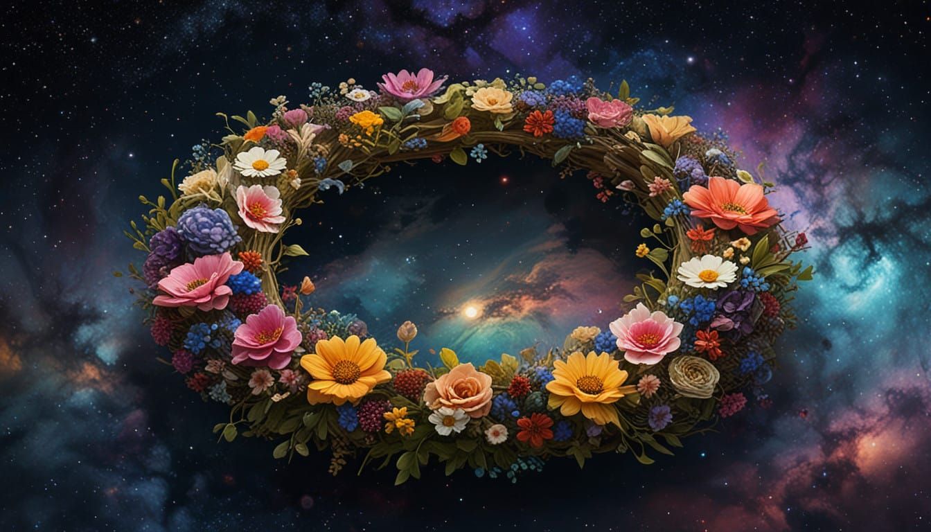 Pointillist Flower Wreath Surrounds Jupiter in Celestial Sce...