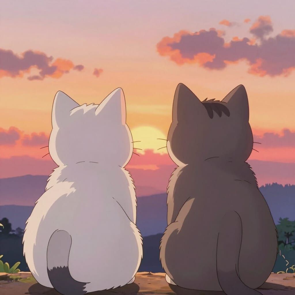Two Anime Cats Facing Cozy Sunset in Ghibli Style