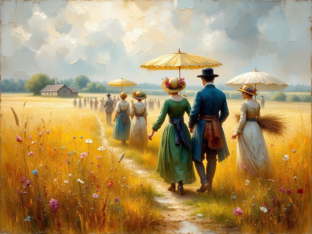 19th Century Rural Scene with Figures in Golden Field