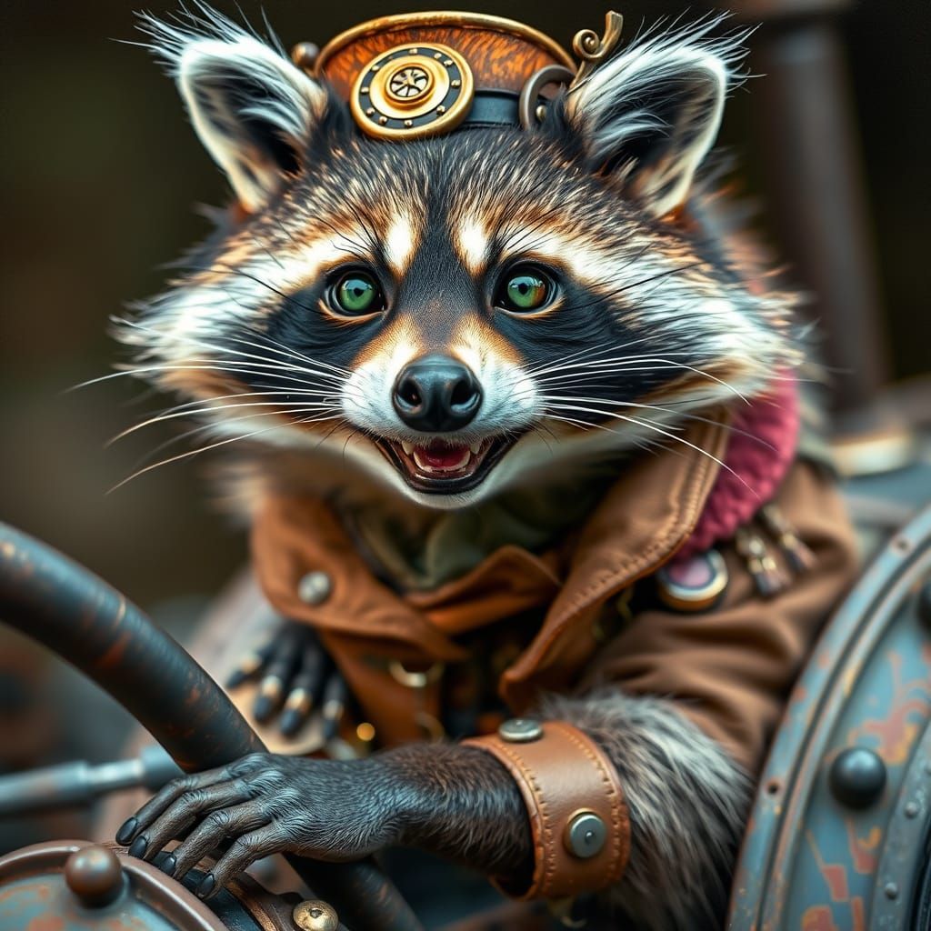 Steampunk Raccoon in Jules Verne Style