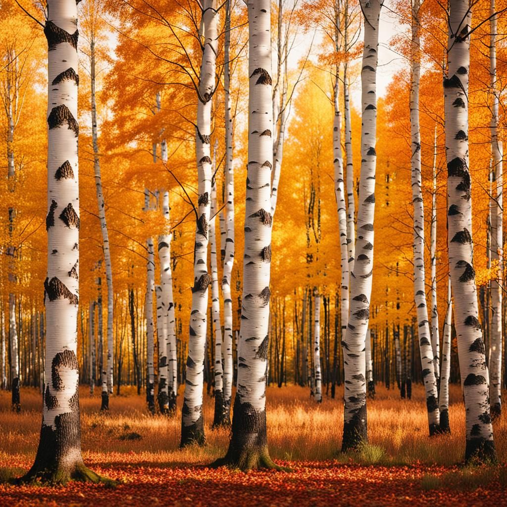 Autumn Birch Trees in Golden Hour Light
