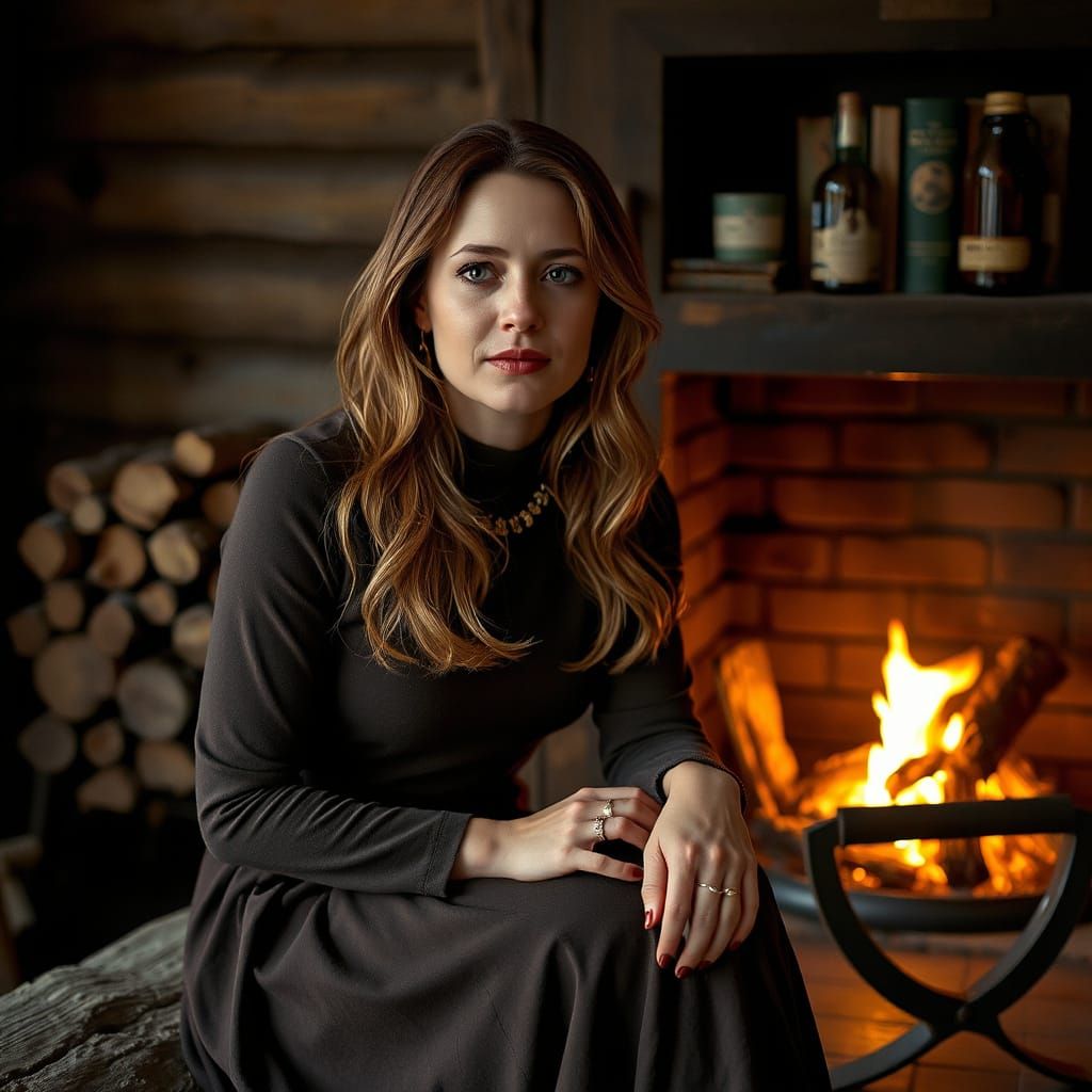 Woman in Cabin with Fireplace: Hyperrealistic Interior
