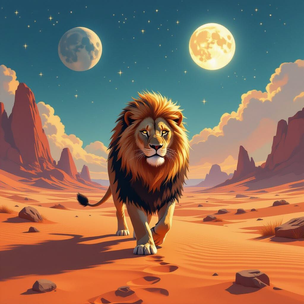 Lion of Starlight in Alien Desert Landscape