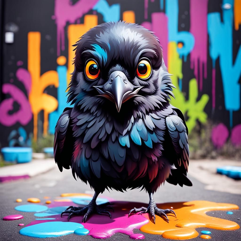 Cute Baby Crow in 3D Graffiti Street Art