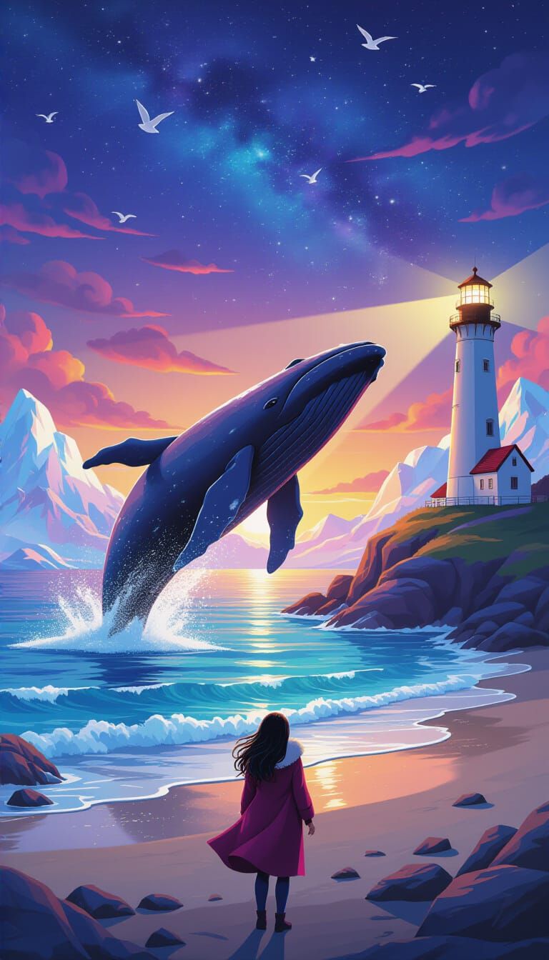 Whimsical Norwegian Coast with Whale in Neon Spacepunk Style
