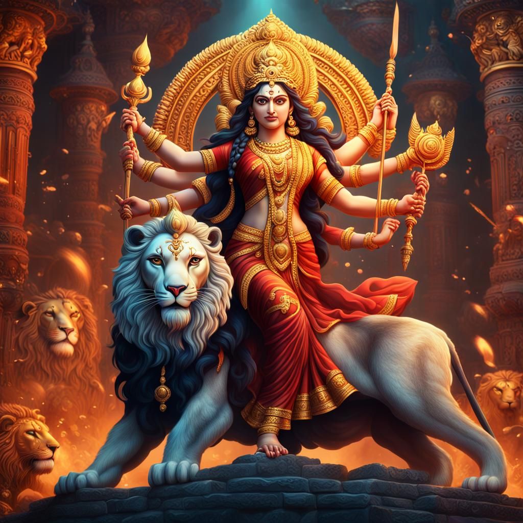 Durga Maa with Lion: Fantastical Digital Painting