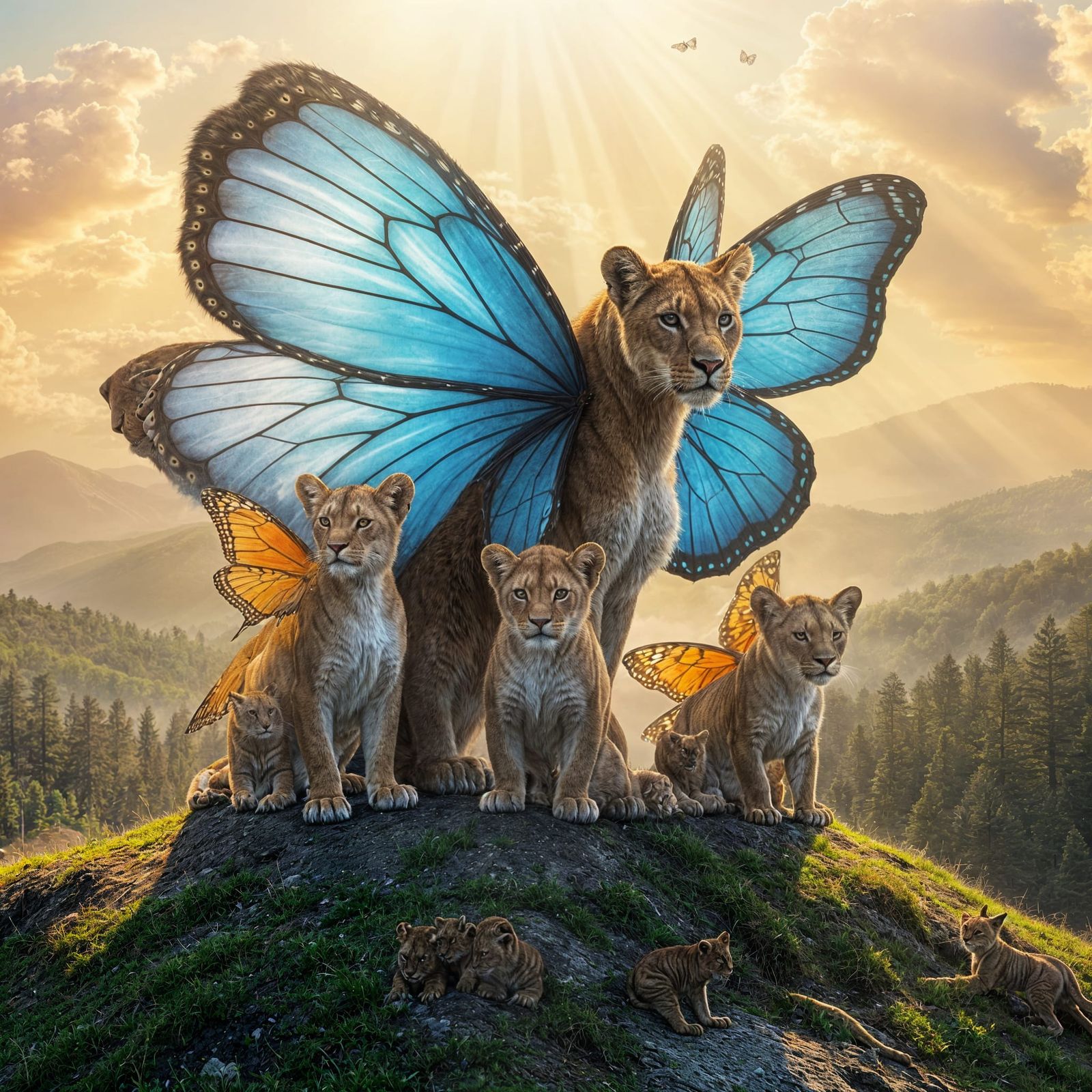 Hyperrealistic Winged Mountain Lioness and Cubs in Heavenly ...