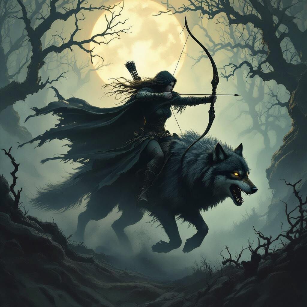 Spectral Huntress on Wolf in Moonlit Forest