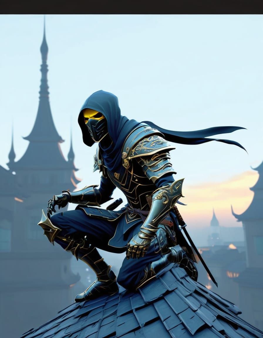 Dark Fantasy Ninja Assassin on Rooftops in Atmospheric Darkn...