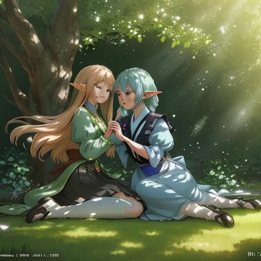 Elven Embrace Under Willow Tree: Anime Style Concept Art