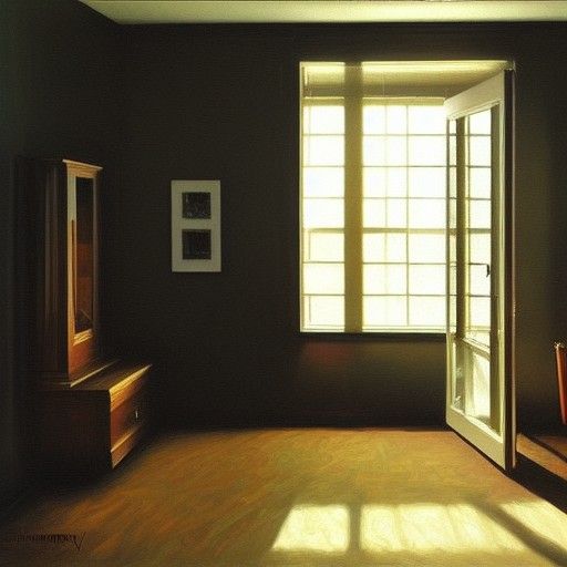 Sunlit Window in Dark Room: Oil Painting