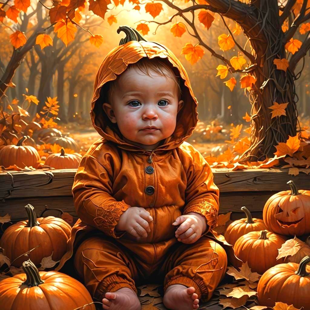 Cute Baby in Pumpkin Costume: Photorealistic Portrait