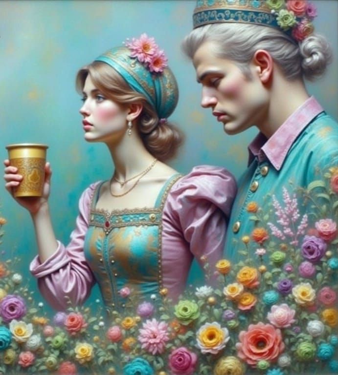 Golden Oil Painting of a Man and Woman