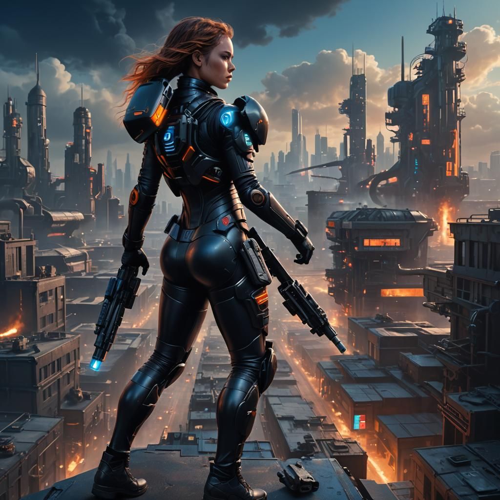 Futuristic Soldier in Moody Cyberpunk Cityscape