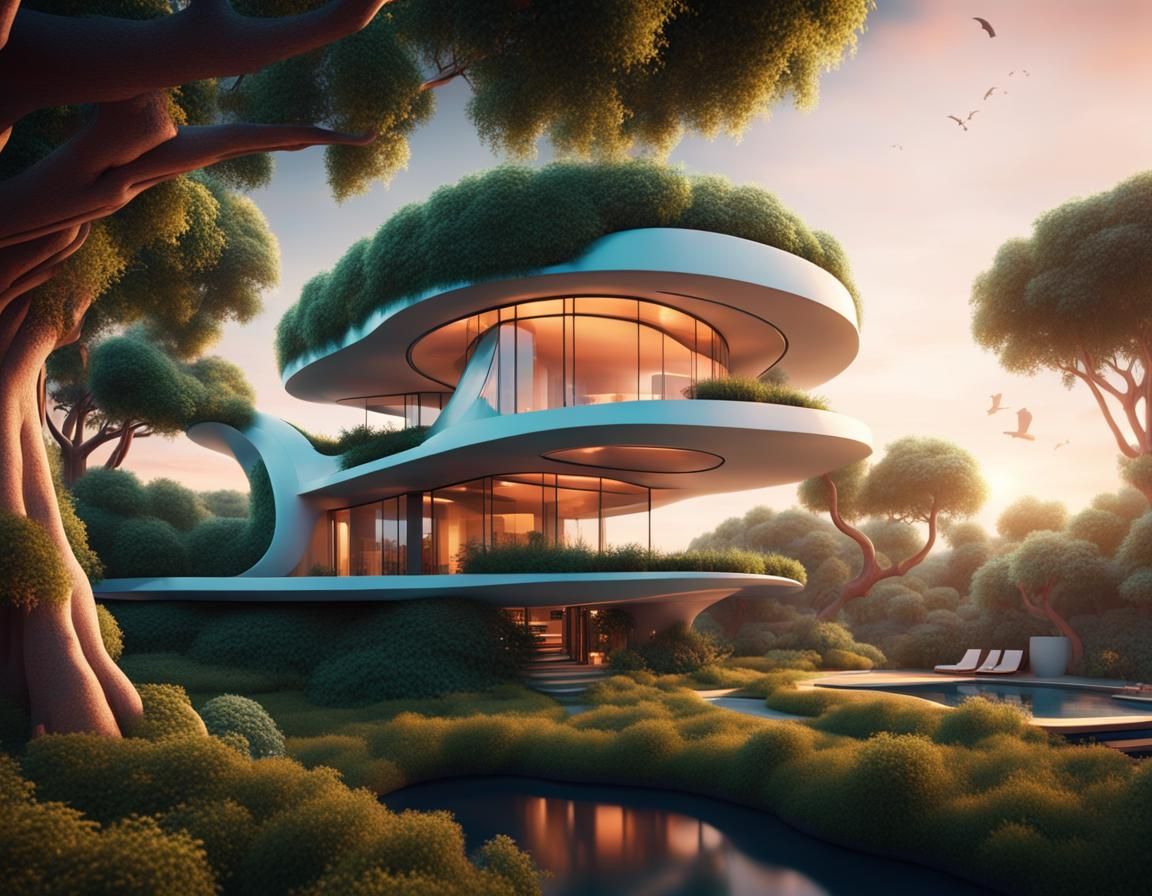 Futuristic Utopian House with Hanging Gardens