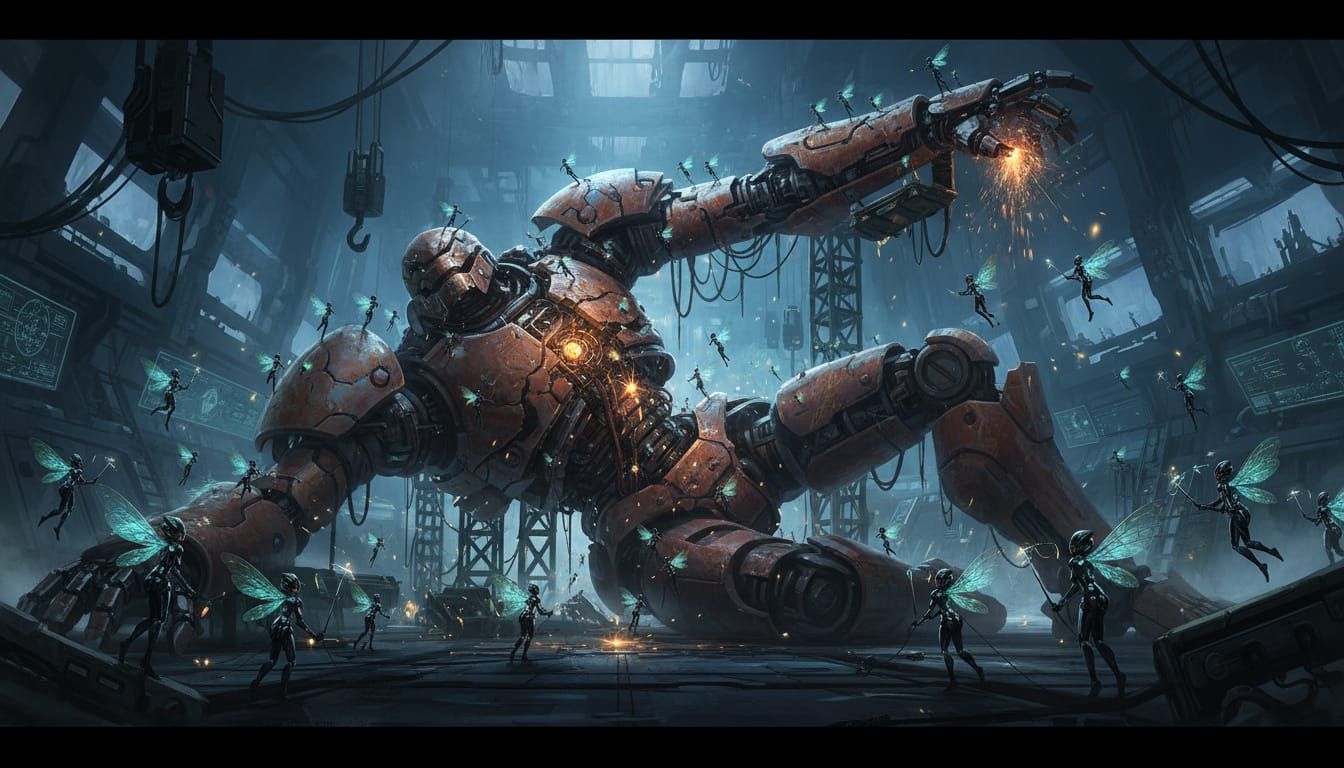 Tiny Mechanical Fairies Repairing Giant Mecha in Futuristic ...