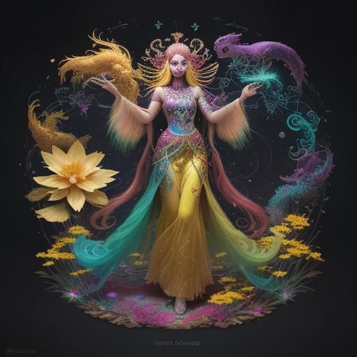 Astral Dragon Peacock Woman in Surreal Dreamscape