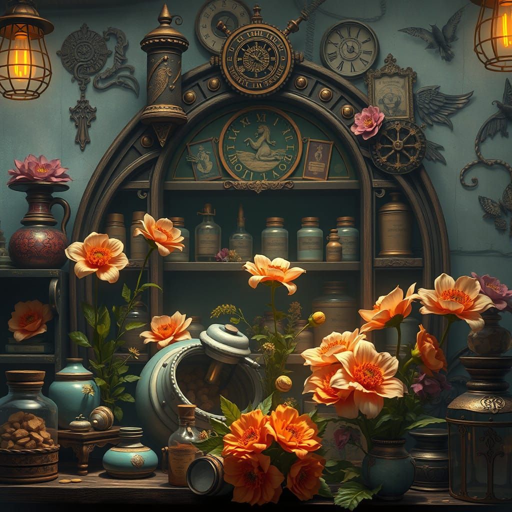 Steampunk Apothecary in Vibrant Fantasy Landscapes