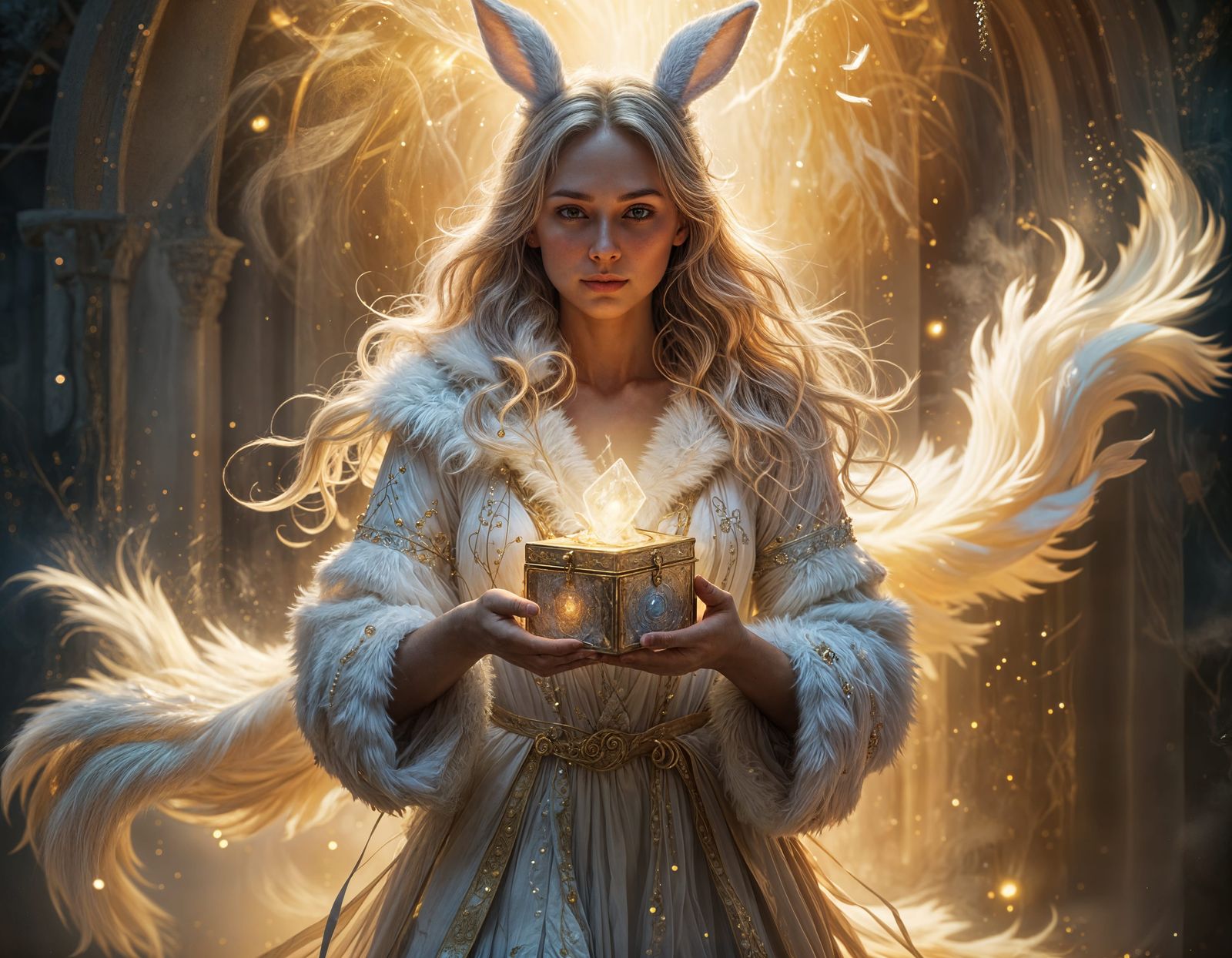 Whimsical Fantasy Scene with a Gentle Rabbit and Glowing Mag...