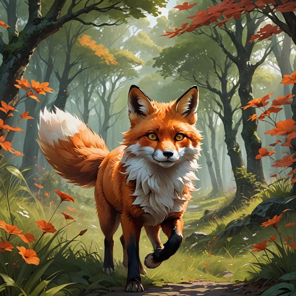 Cheerful Fox Trotting in Meadow, Fantasy Art