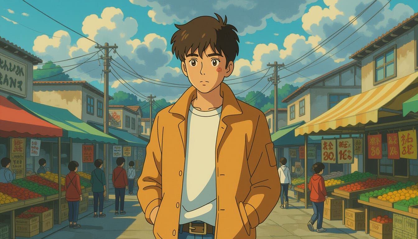 Young Indian Man Overwhelmed in Bustling Marketplace