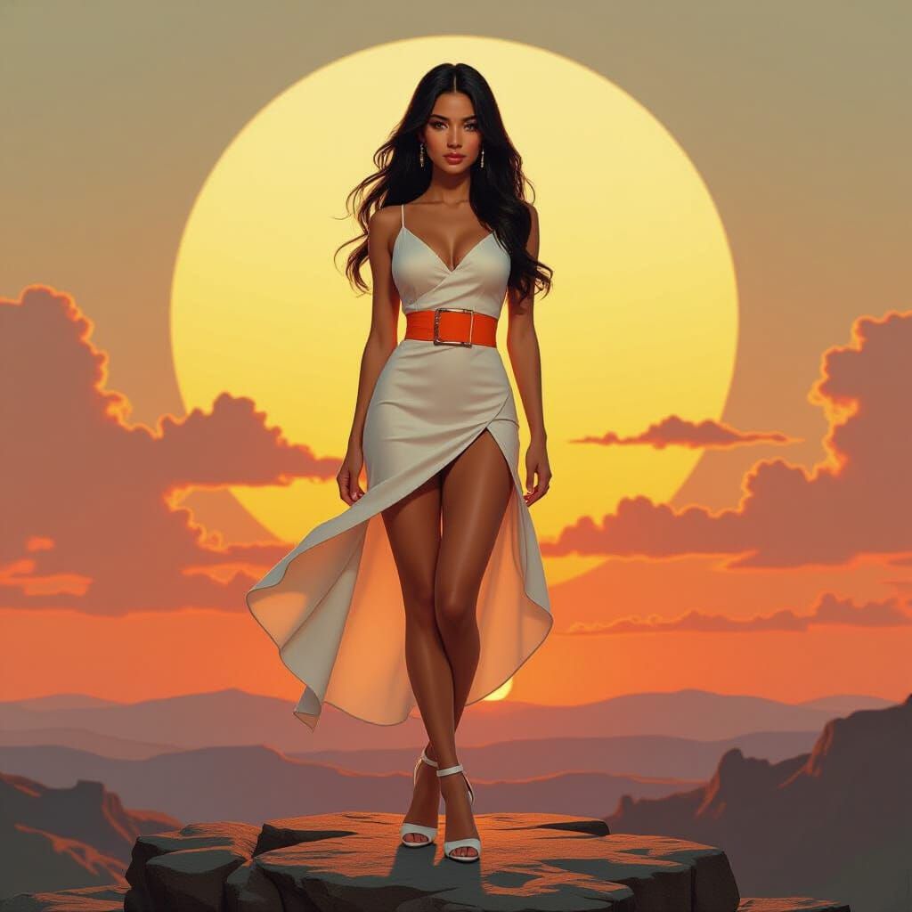 Woman in White Dress at Sunset: Art Nouveau Style