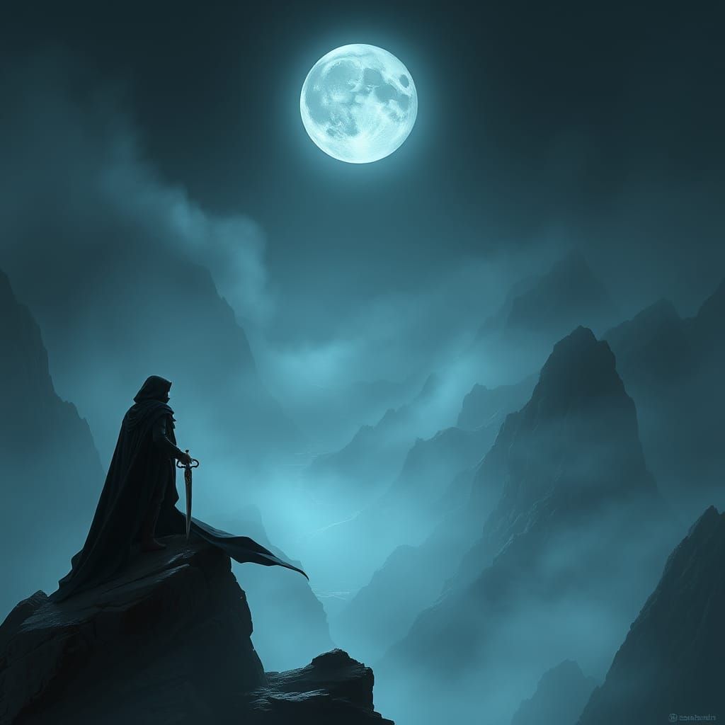 Brooding Assassin in Moonlit Landscape, Fantasy Concept Art