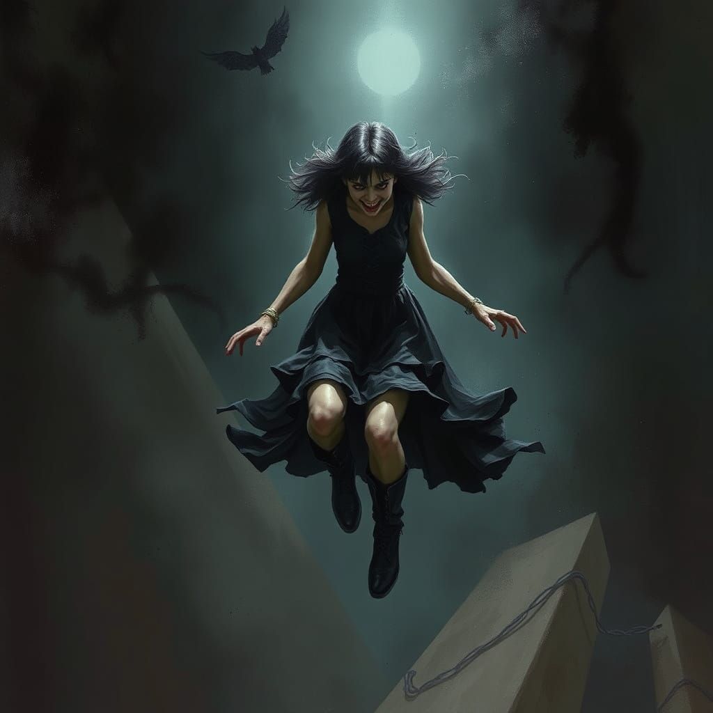 Girl Levitating with Crazed Grin in Dark Fantasy Style