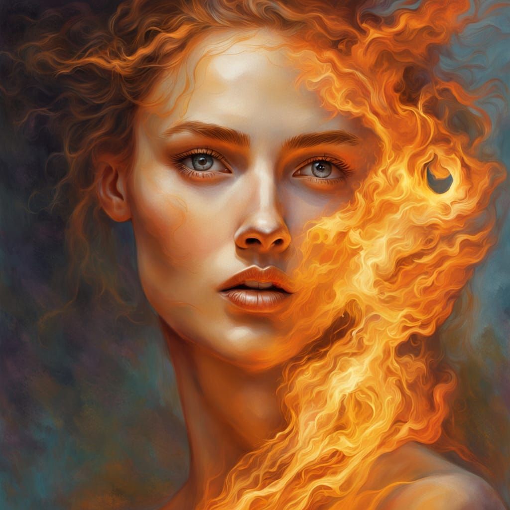 Surreal Oil Painting of a Woman with a Flame Logo in Vibrant...
