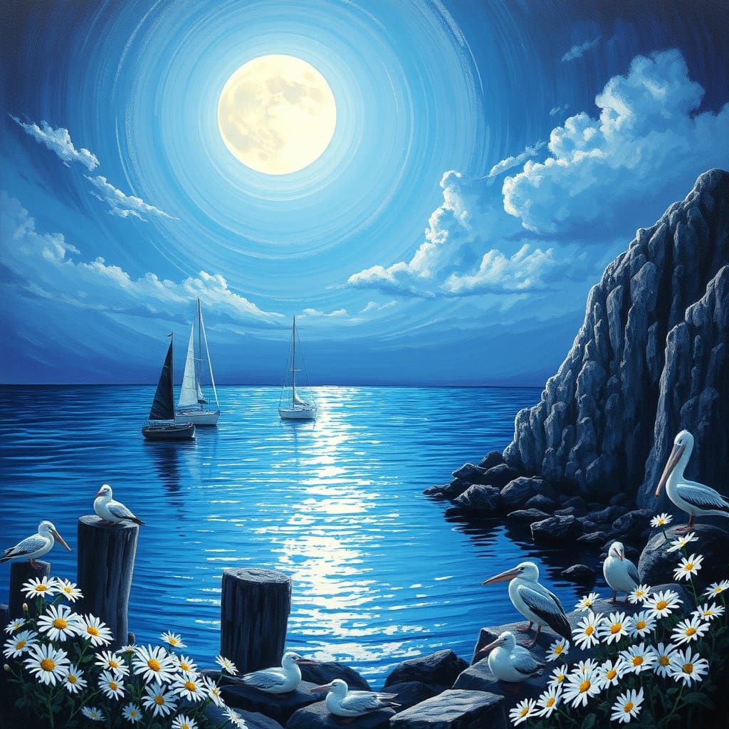 Moonlit Cove with Sailboats in Surreal Pop Art Style