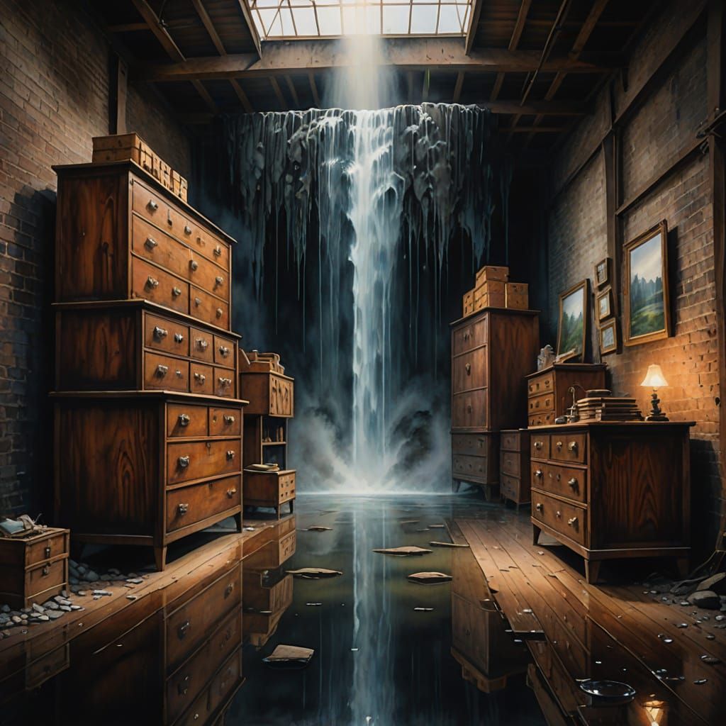Surreal Waterfalls Flowing from Warehouse Dresser