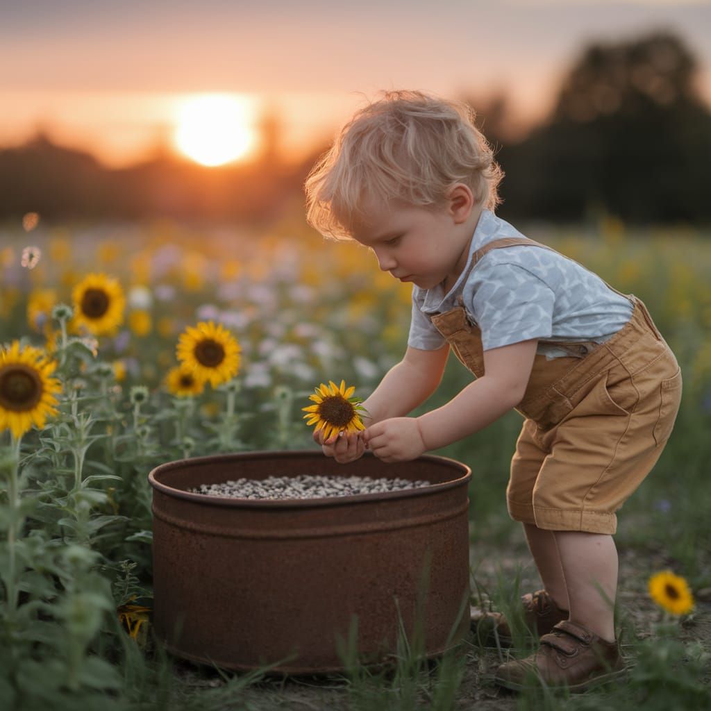 Boy Sowing Sunflower Seeds at Sunset