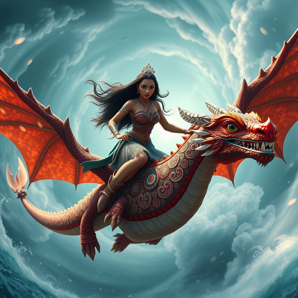 Polynesian Princess Dragon Rider in Epic Fantasy Battle