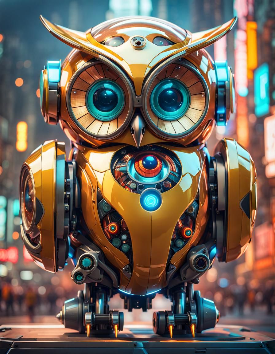 Adorable Owl Robot Portrait in Pixar Style