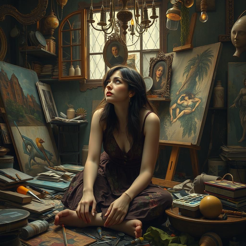 Woman in Studio: Surrealist Art Nouveau Portrait
